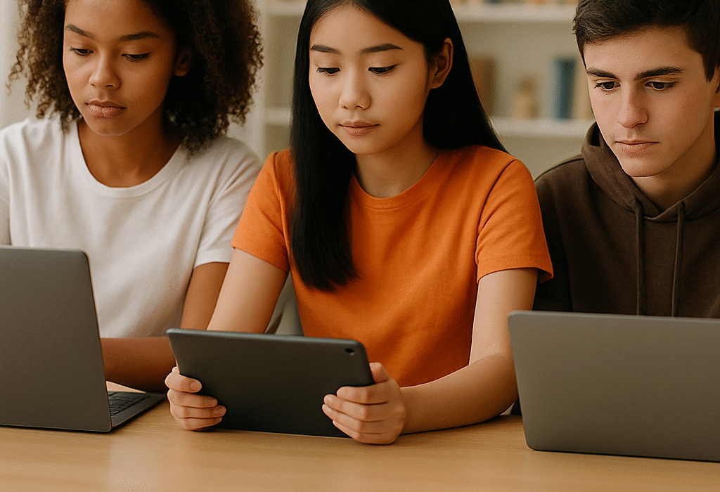 Three ethnically diverse students using tablets and laptops in a learning environment to raise digital awareness.